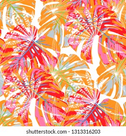 Exotic Trees. Seamless Pattern with Indonesian Jungle. Vintage Colorful Texture for Fabric, Wallpaper, Linen. Vector Tropical Pattern.