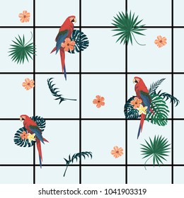 Exotic trendy geometrical pattern with leaves, flowers, macaws. Wrapping paper, wallpaper, fabric design, etc.