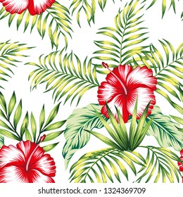 Exotic trendy seamless composition from tropical flowers red hibiscus and green palm, banana leaves on the white background
