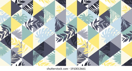 Exotic trendy seamless pattern, illustrated floral vector tropical leaves in triangles. Pattern for background printing