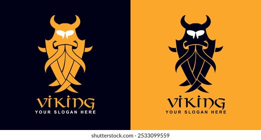 Máscaras tribais exóticas com estilo viking. Logotipo escandinavo em duas cores. Símbolo nórdico isolado com fundo duplo.