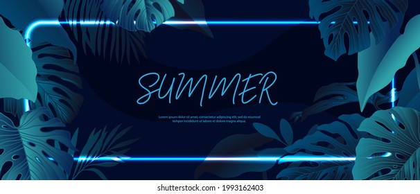 Exotic, Tropic Background With Monstera Leaves, Neon Frame. Design For Shop Banner, Flyer, Green, Eco Tourism Template.