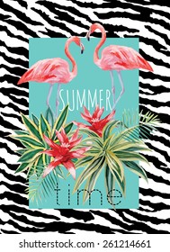 Exotic tropic bird pink flamingo with palm leaves and plant flower agave hand drawn watercolor. Print trendy flower vector illustration poster with the slogan summer time. Background of a zebra skin