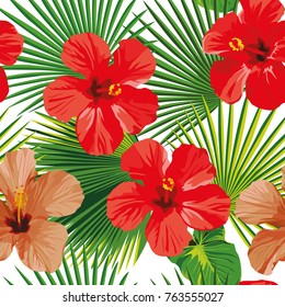 Exotic tropic flower hibiscus, green leaves on the white background. Beach vector seamless pattern wallpaper