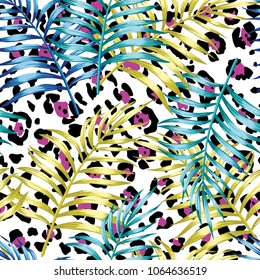 Exotic tropic palm leaves abstract color on the jaguar background vector pattern seamless beach wallpaper