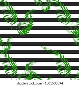 Exotic tropic plants composed of palm leaves, on black and white stripe geometric background. Flower trendy seamless pattern. Hand drawn fashion wallpaper.