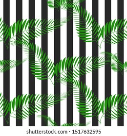 Exotic tropic plants composed of palm leaves, on black and white stripe geometric background. Flower trendy seamless pattern. Hand drawn fashion wallpaper.