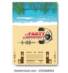 Exotic or tropic Summer DJ Party concert poster template layout design. Modern vector illustration.