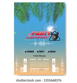 Exotic or tropic Summer DJ Party concert poster template layout design. Modern vector illustration.