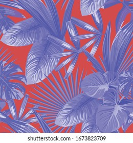 Exotic tropical abstract blue leaves vector composition on red background. Beach seamless pattern wallpaper