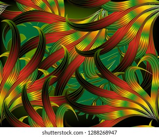 Exotic tropical abstract leafy 3d vector seamless pattern. Modern ornamental intricate background. Repeat glowing  backdrop. Beautiful floral fantasy ornament. Colorful design for wallpapers, textile