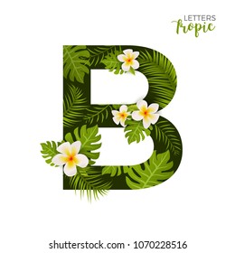 Exotic Tropical Alphabet letter B. Floral font letter with palm. Summer text typography creative design B.