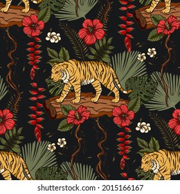 Exotic tropical animal wild tiger seamless pattern with hibiscus rose and heliconia flower. Wildlife nature jungle art on a black background. Tropic zoo print illustration. New year 2022