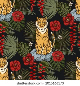 Exotic tropical animal wild tiger seamless pattern with hibiscus rose and heliconia flower. Wildlife nature jungle art on a black background. Tropic zoo print illustration. New year 2022