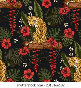 Exotic tropical animal wild tiger seamless pattern with hibiscus rose and heliconia flower. Wildlife nature jungle art on a black background. Tropic zoo print illustration. New year 2022