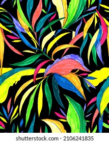  Exotic Tropical Artistic Leaves Saturated In Color. Vector  Seamless Pattern. Hand Drawn  Cartoon Style Print. Colorful Floral Jungle Plant,  Trendy Wallpaper On Dark Background.