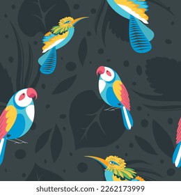 Exotic and tropical avian animals with colorful plumage. Parrots and colibri, flora and fauna. Leaves and flowers foliage. Seamless pattern, background wallpaper or print. Vector in flat style