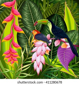 Exotic tropical background with colorful flowers and toucan