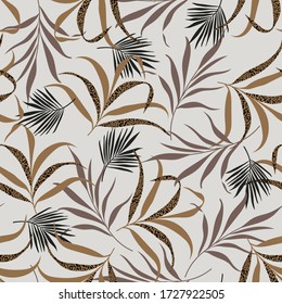 Exotic tropical  background with  grey olive green hawaiian plants and flowers. with leopard print on leaves .Seamless  tropical pattern with monstera and sabal palm leaves.