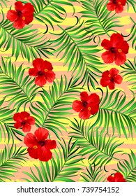 Exotic tropical  background with hawaiian plants and flowers. Seamless vector pattern.