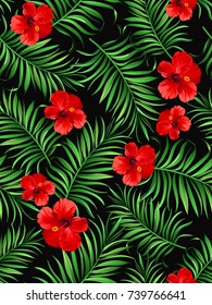 Exotic tropical  background with hawaiian plants and flowers. Seamless vector pattern.