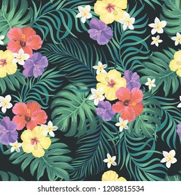 	
Exotic tropical background with hibiscus flowers and palm leaves.Seamless vector pattern beach illustration. Template for print design.