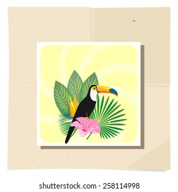 Exotic tropical background with palm leaves, toucans, hibiscus flowers. Postcard is on crumpled paper. Vector.