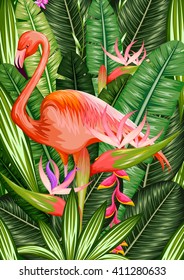 Exotic tropical background with palm leaves and flamingo