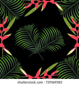 Exotic Tropical background texture with palm leaves and beautiful red flower Strelitzia Reginae. Decorative Floral Frame.