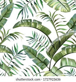 Exotic tropical banana, fern leaves seamless pattern on the white background. Jungle vector leaves wallpaper.