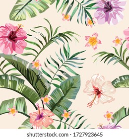 Exotic tropical banana, fern leaves, vivid hibiscus, plumeria flowers seamless pattern on the white background. Jungle vector floral wallpaper.