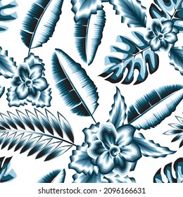 Exotic tropical banana, fern leaves, jasmine flowers seamless pattern on the white background. Jungle vector floral wallpaper. fashionable print texture. Exotic tropic. Summer design. nature wallpaper