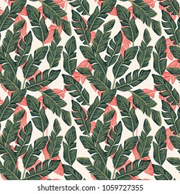 Exotic tropical banana leaves dark green color seamless pattern trendy pink foliage background beach vector wallpaper