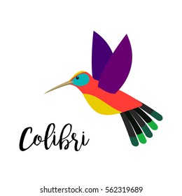 Exotic tropical bird isolated on white background. Colibri bird vector element with hand drawn inscription