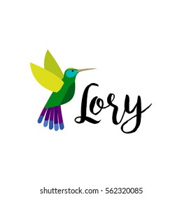 Exotic tropical bird isolated on white background. Lory bird vector element with hand drawn inscription