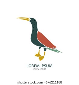 Exotic tropical bird isolated on white background. Hand drawn logo. Vector illustration.