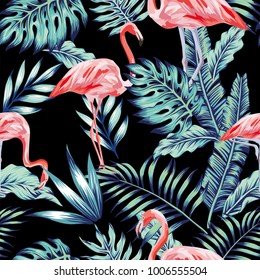 Exotic tropical bird pink flamingo in the night blue forest jungle on the black background. Vector beach art seamless wallpaper pattern