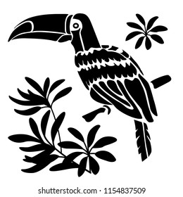 Exotic and tropical bird toucan sitting on branch, tropical flowers, isolated on white background. Vector simple illustration. Stencil. Template. Die cut. 