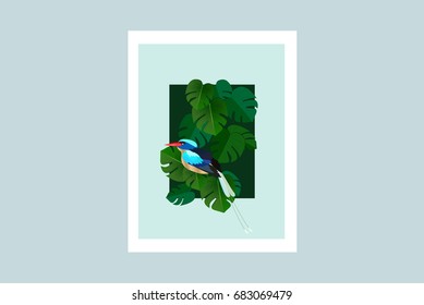 Exotic tropical bird, vector botanical minimalism illustration with floral elements