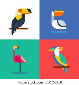 Exotic tropical birds flat style logo icons. Set of vector colorful birds illustration of toucan, cockatoo parrot, flamingo and pelican. Isolated design elements and backgrounds. 