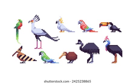 Exotic tropical birds pixel art set. Jungle fauna collection. 8 bit. Game development, mobile app. Isolated vector illustration. Cross stitch pattern.