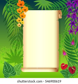 Exotic tropical border background with palm leaves and papyrus paper and flowers that grow in the jungle.