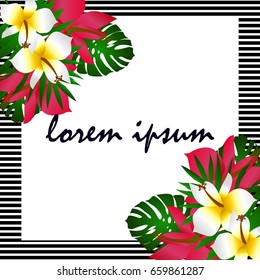 Exotic tropical border frame template for corner decoration. Bright greenery jungle palm tree leaves. Pink plumeria and hibiscus flowers. Vintage banner element for invitation greeting card packaging.