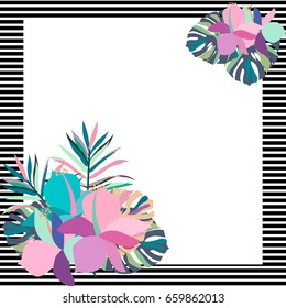 Exotic tropical border frame template for corner decoration. Bright greenery jungle palm tree leaves. Pink plumeria and hibiscus flowers. Vintage banner element for invitation greeting card packaging.