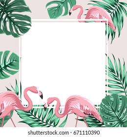 Exotic tropical border frame template with bright green jungle palm tree monstera leaves and pink flamingo birds. Square promo banner layout. Summer sale promo poster. Vector design illustration.