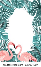 Exotic tropical border frame template. Blue green turquoise jungle palm tree leaves foliage. Pink flamingo birds couple. Vertical portrait layout. Placeholder for text in the middle.