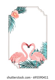 Exotic tropical border frame template for event invitation card. Pink flamingo birds beak to beak heart shape. Jungle tree leaves and camelia flower decoration. Vector design illustration.