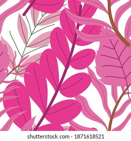 Exotic or tropical botany with lush leaves and wide big foliage. Bouquet of flora. Pink delicate bush, decorative background or print. Lianas and monstera. Seamless pattern, vector in flat style