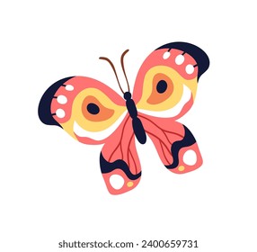 Exotic tropical butterfly flying. Beautiful moth with multi-colored wings. Summer insect. Abstract spring fauna species, top view. Colored flat graphic vector illustration isolated on white background