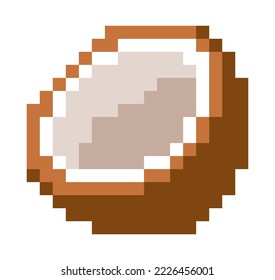 Exotic or tropical coconut fruit sign for playing interface. Organic and natural product, ingredients for desserts and meals food. Pixelated isolated icon, 8 bit game design, Vector in flat style